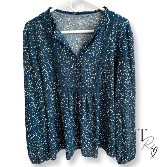 LOFT Blue Confetti Dot Long Sleeve Split Neck Smocked Casual Blouse Size XL - Picture 1 of 12